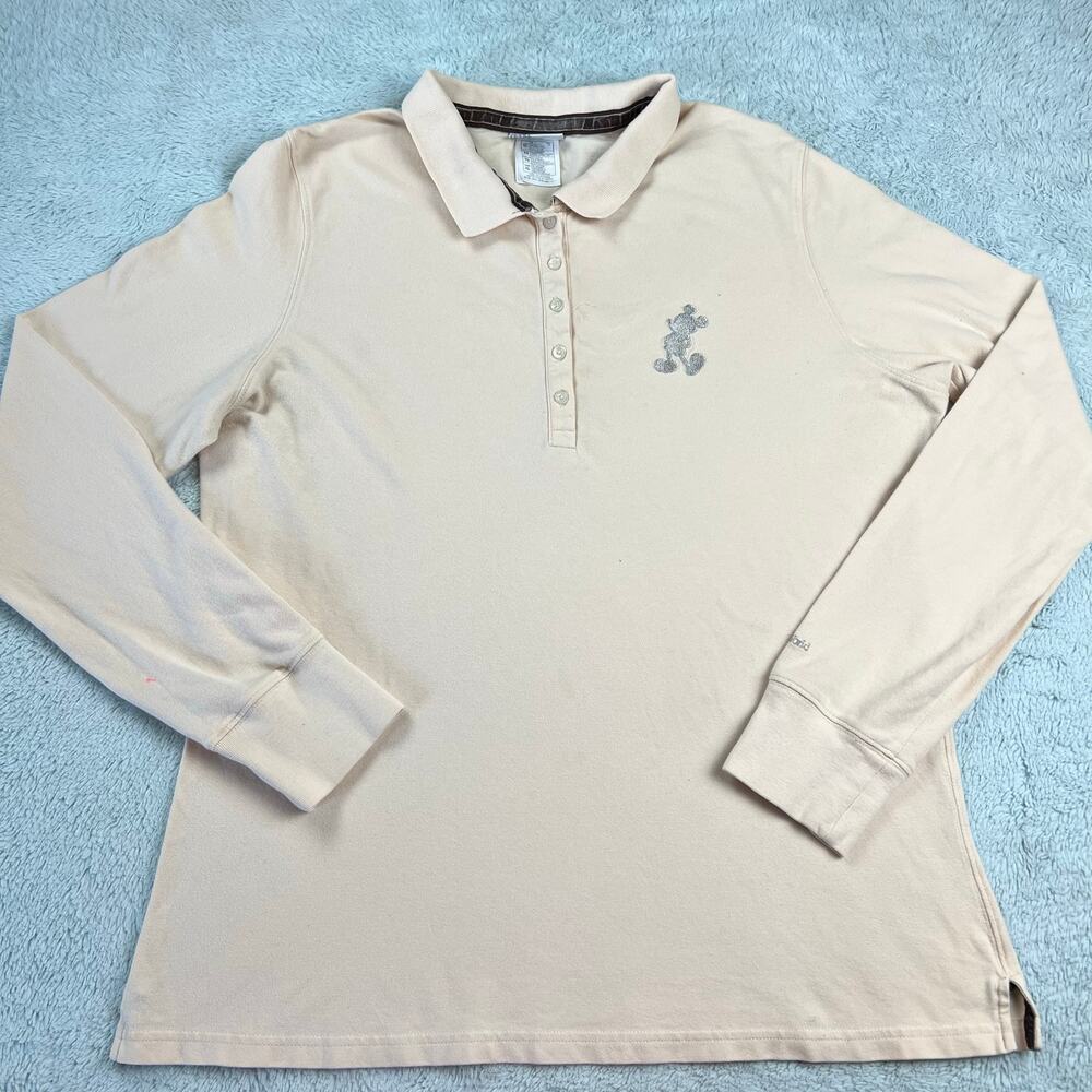 Disney Vintage Mickey Mouse Embroidered Long Sleeve Polo Shirt XL Cream